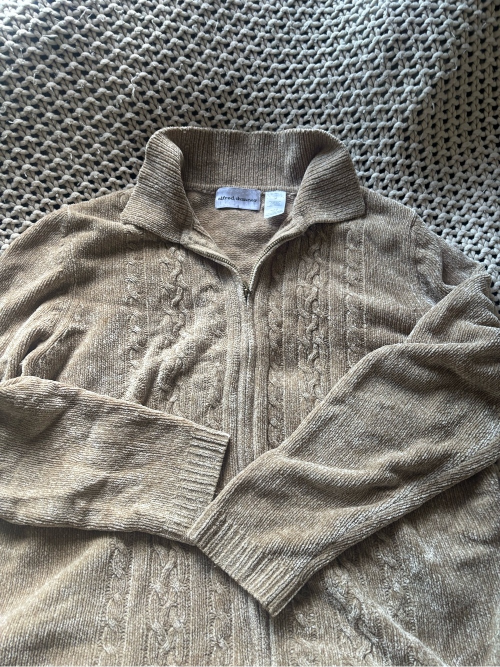 Alfred Dunner Tan Zip-Up Cable Knit Sweater